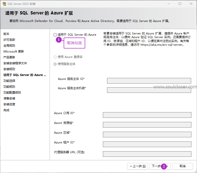 取消勾选适用于SQL Server 的Azure